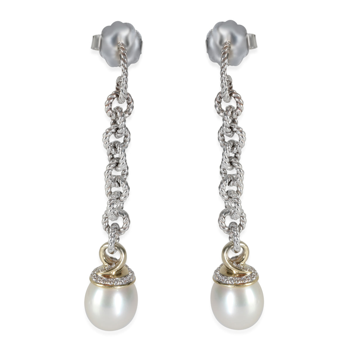 Yellow Gold & Sterling Silver Pearl and Diamond Earrings