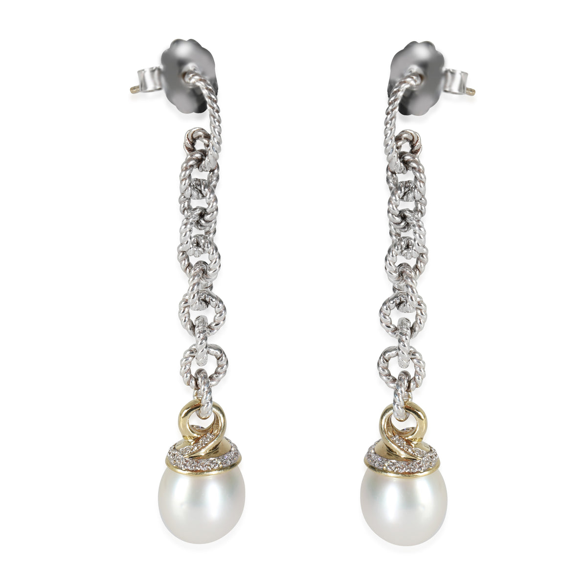 Yellow Gold & Sterling Silver Pearl and Diamond Earrings