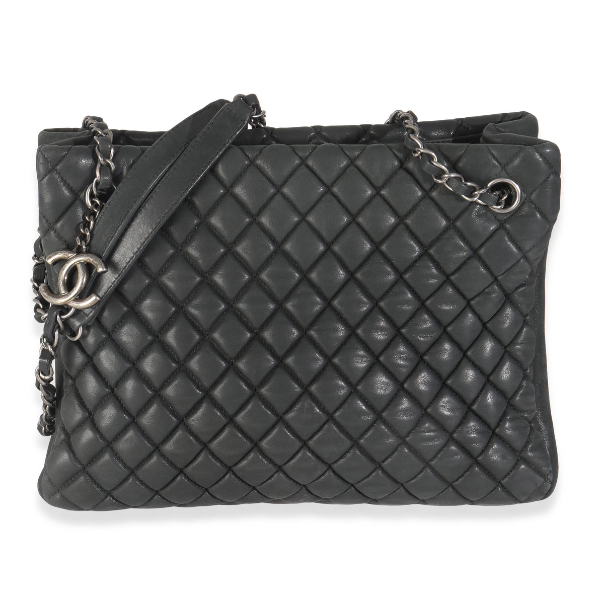 Dark Grey Iridescent Calfskin Small New Bubble Quilt Tote