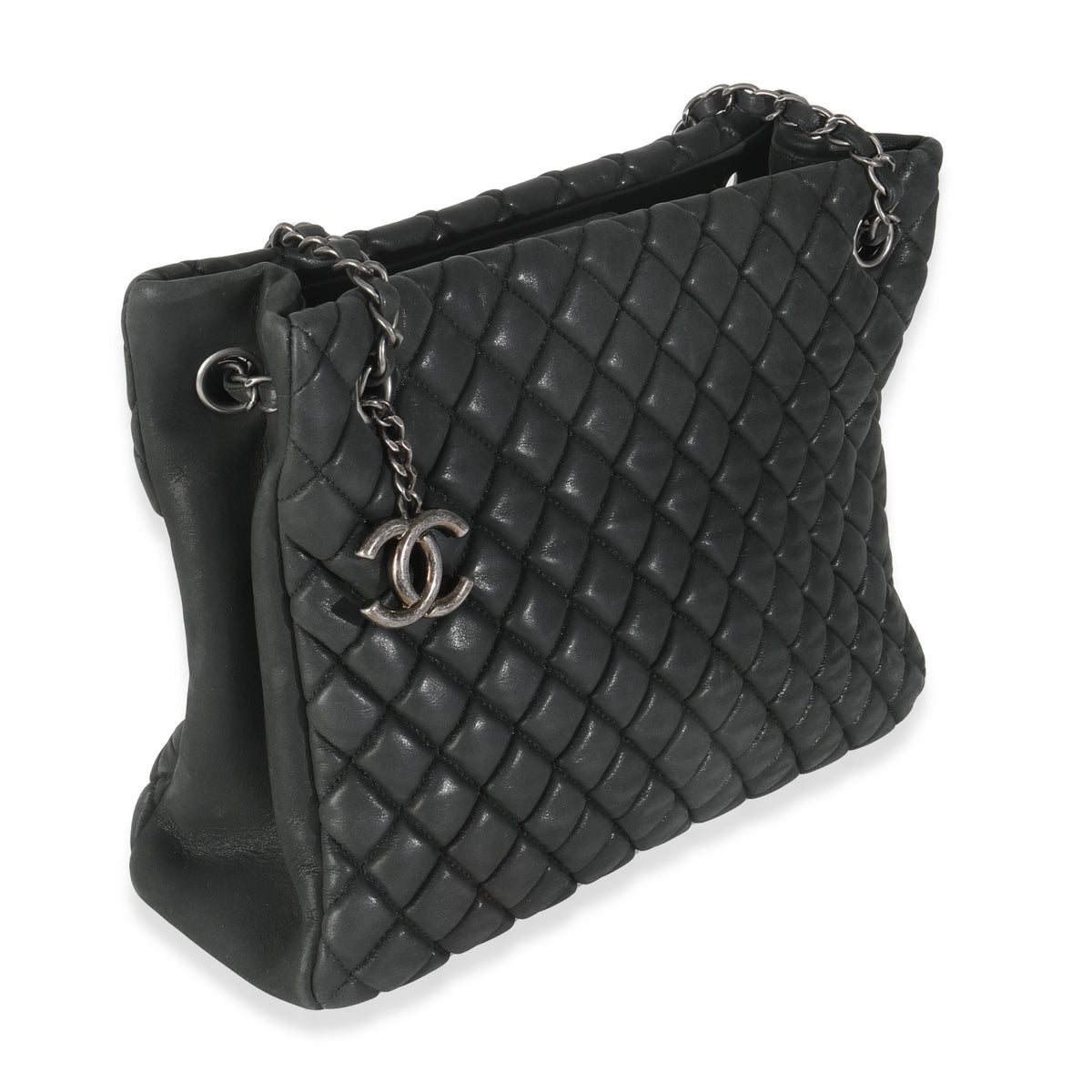 Dark Grey Iridescent Calfskin Small New Bubble Quilt Tote