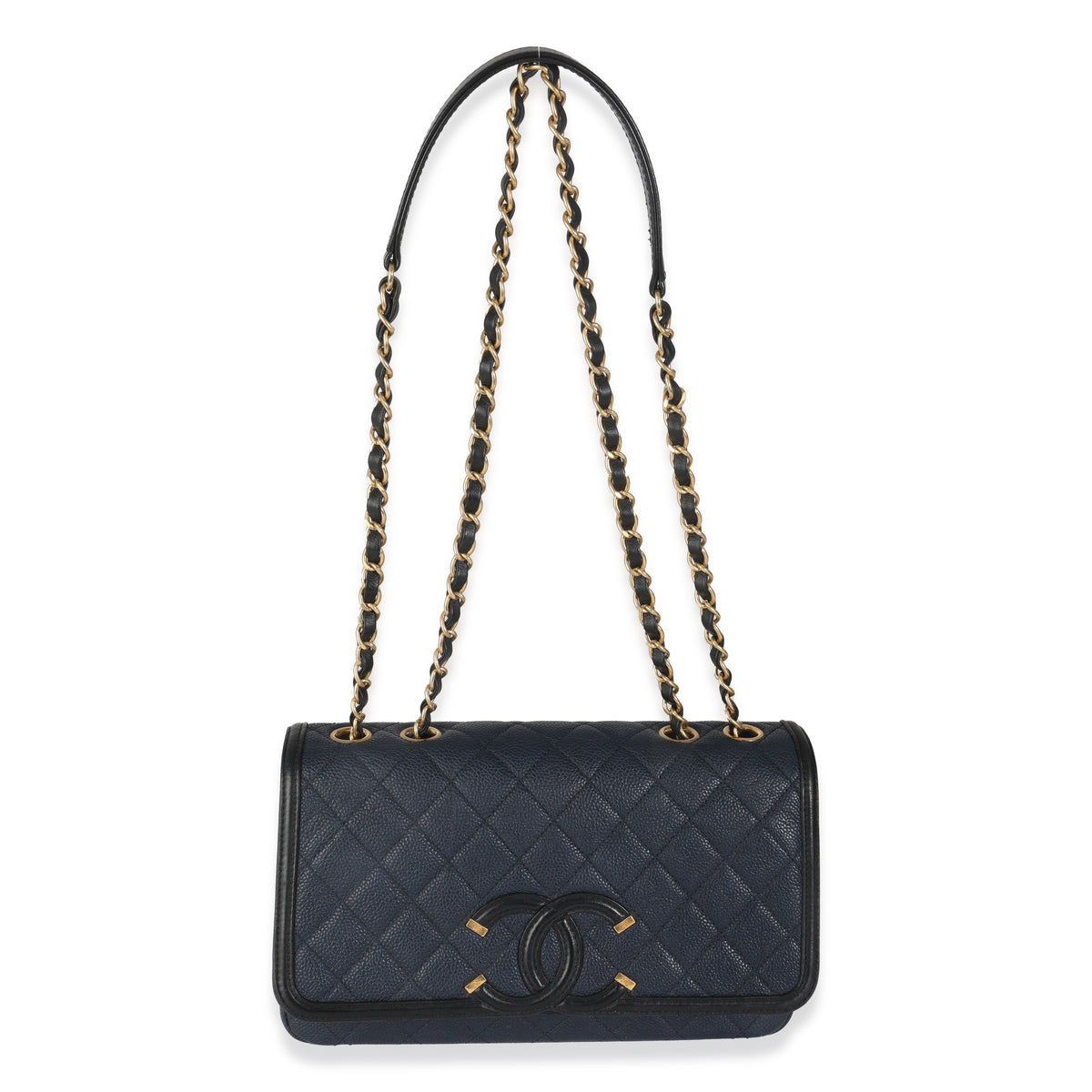 Navy Black Quilted Caviar Medium CC Filigree Flap Handbag