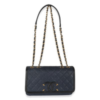 Navy Black Quilted Caviar Medium CC Filigree Flap Handbag