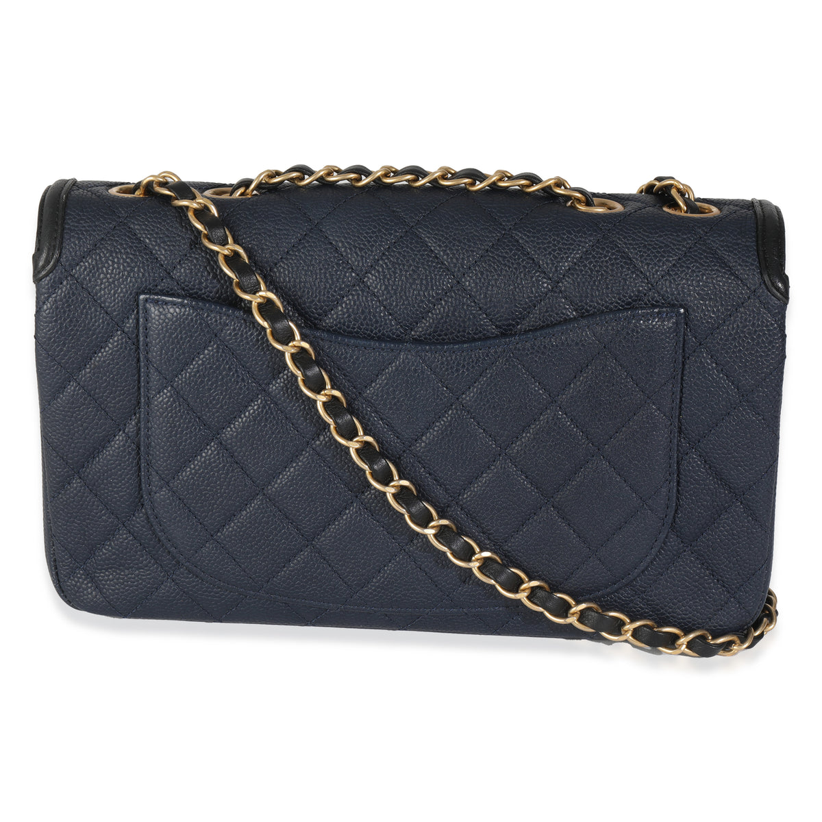 Navy Black Quilted Caviar Medium CC Filigree Flap Handbag