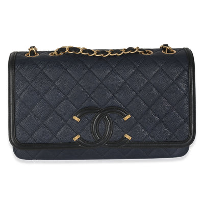Navy Black Quilted Caviar Medium CC Filigree Flap Handbag