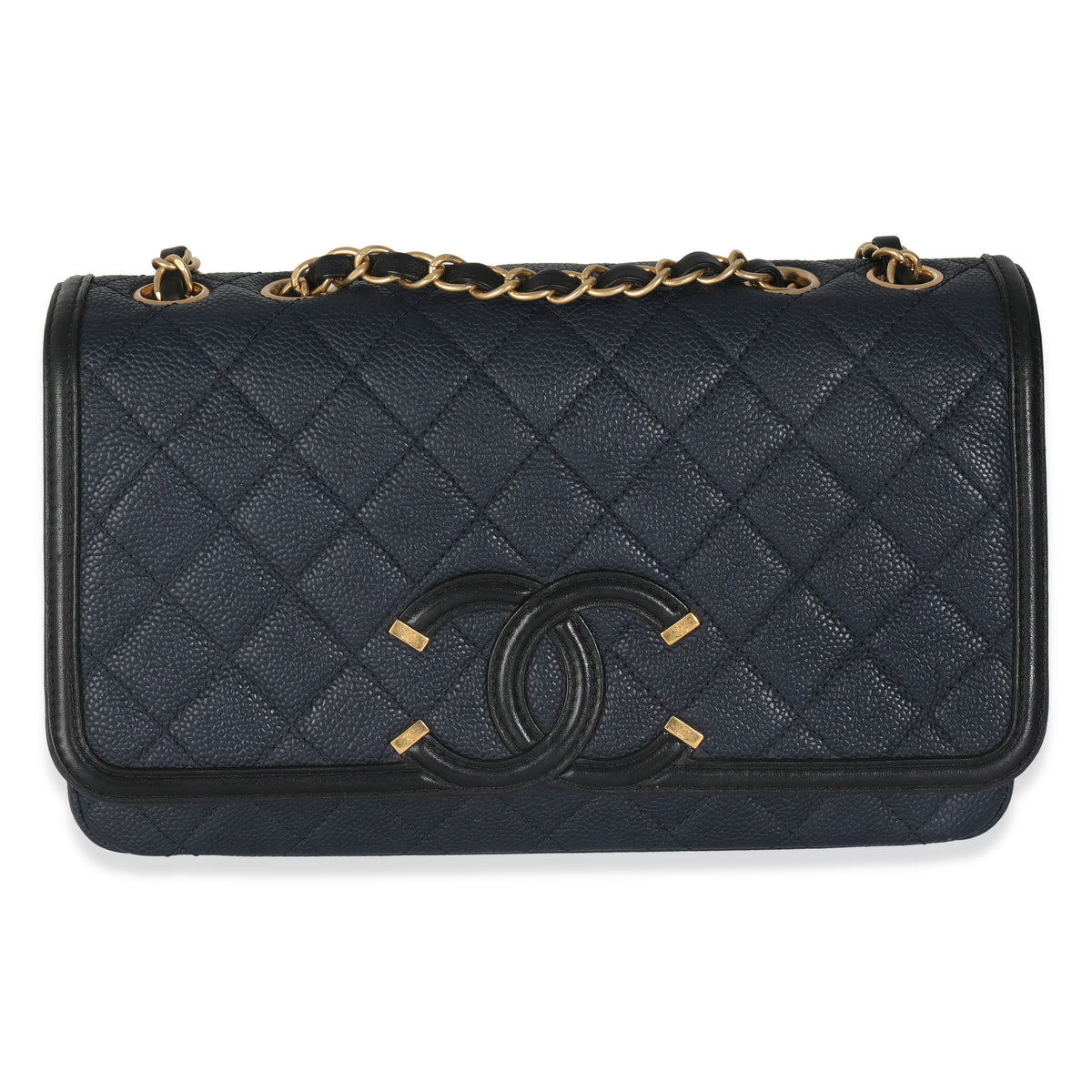 Navy Black Quilted Caviar Medium CC Filigree Flap Handbag