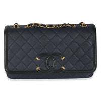 Navy Black Quilted Caviar Medium CC Filigree Flap Handbag