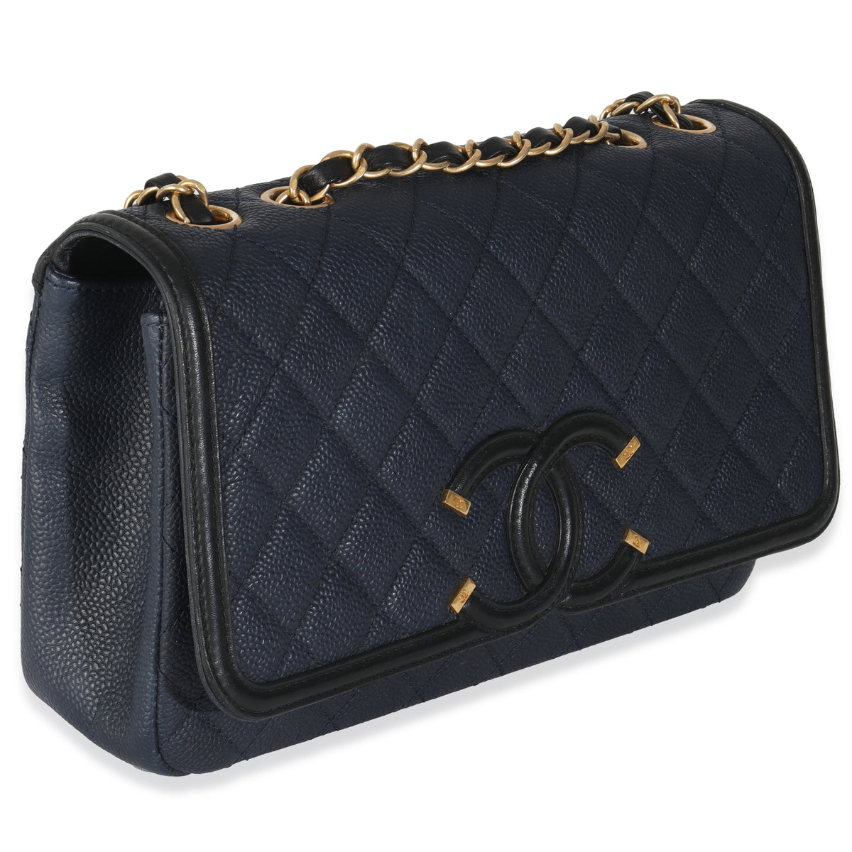 Navy Black Quilted Caviar Medium CC Filigree Flap Handbag