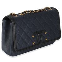 Navy Black Quilted Caviar Medium CC Filigree Flap Handbag