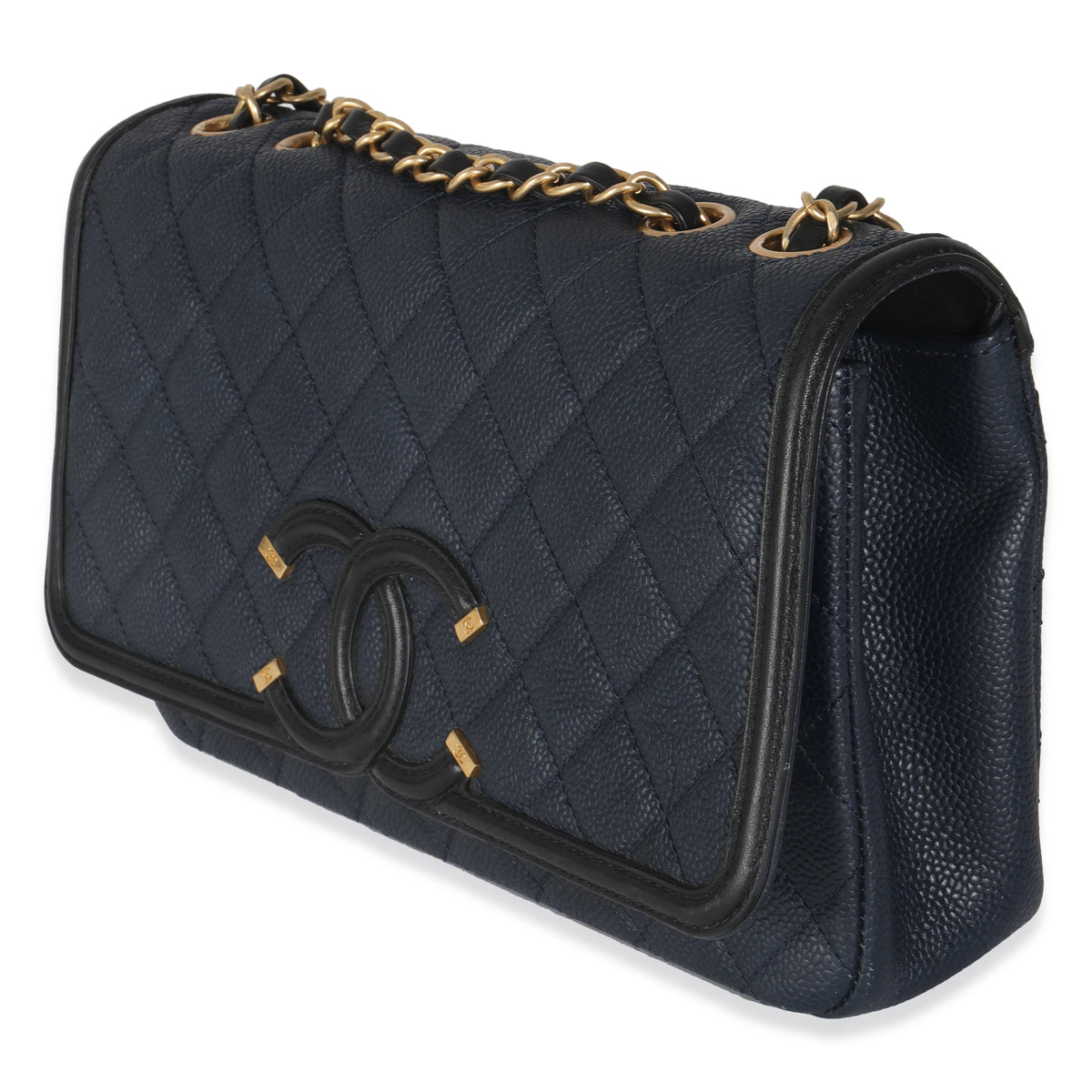 Navy Black Quilted Caviar Medium CC Filigree Flap Handbag