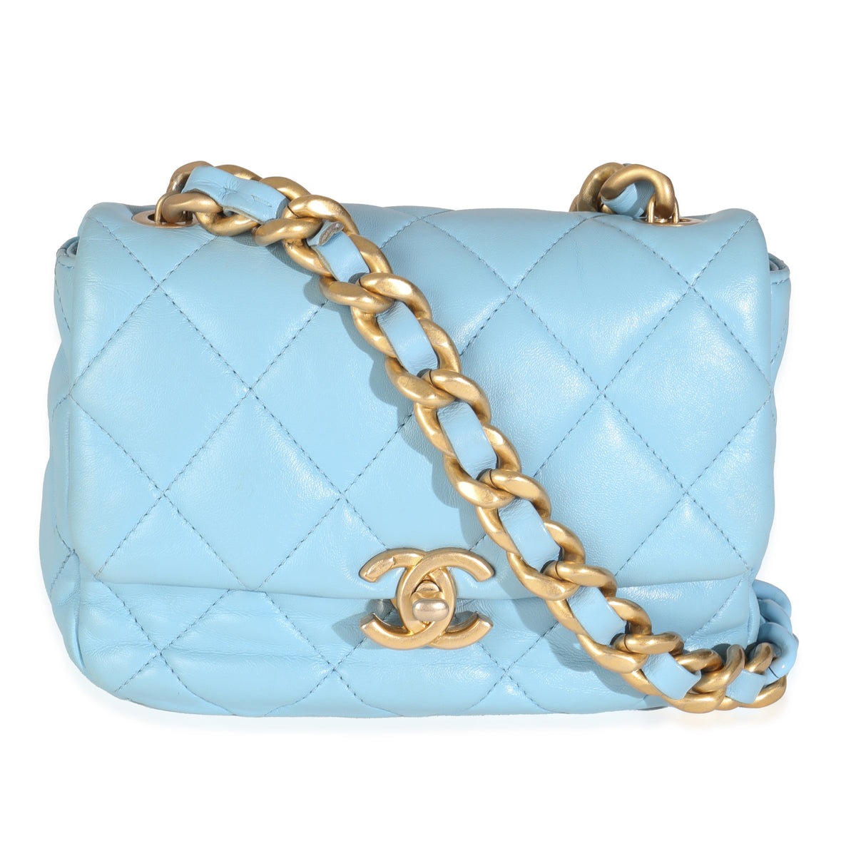 Light Blue Quilted Lambskin Mini Lacquered Chain Flap Bag