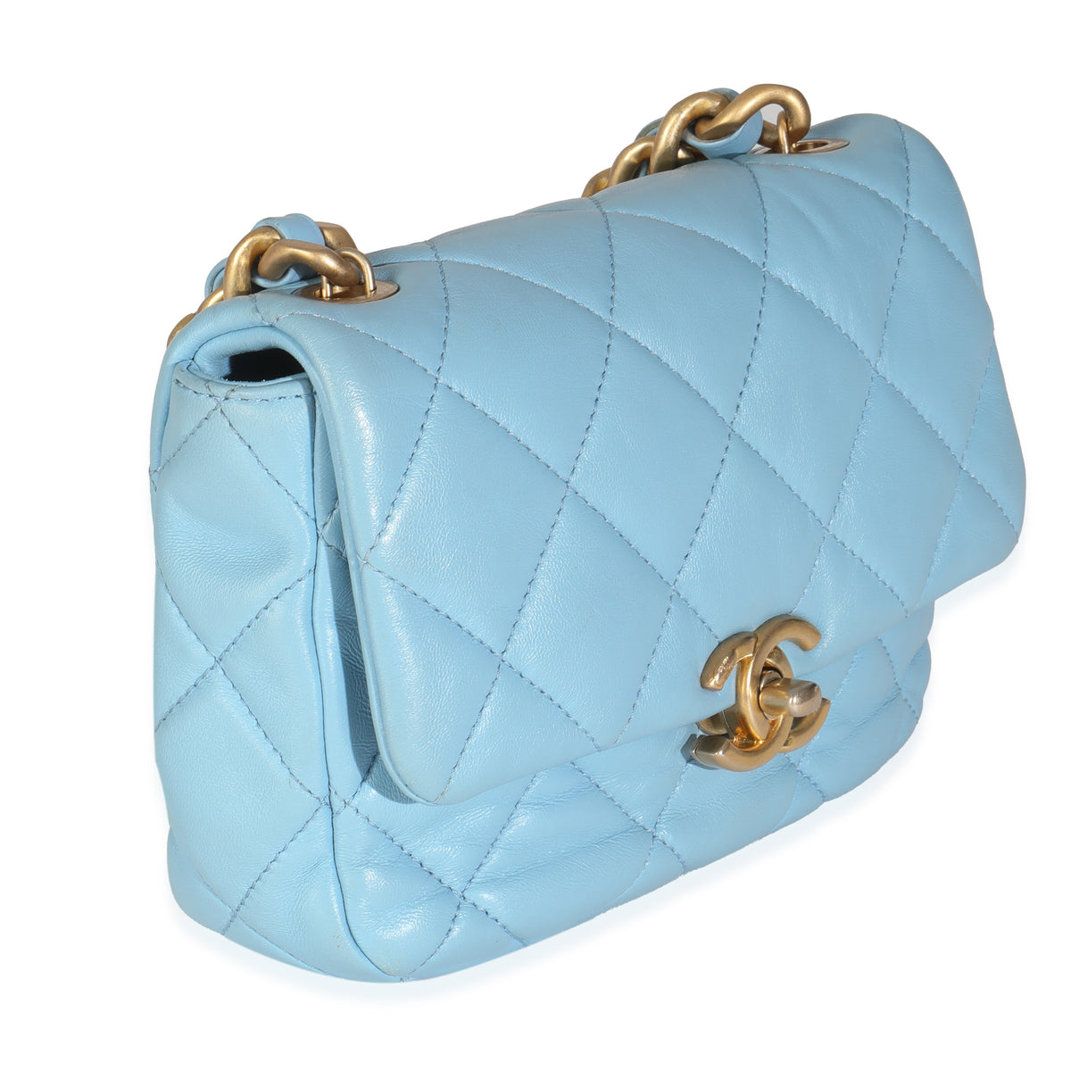 Light Blue Quilted Lambskin Mini Lacquered Chain Flap Bag