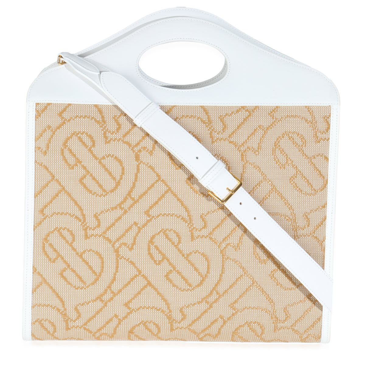 White Beige Monogram Canvas Smooth Calfskin Medium Pocket Bag