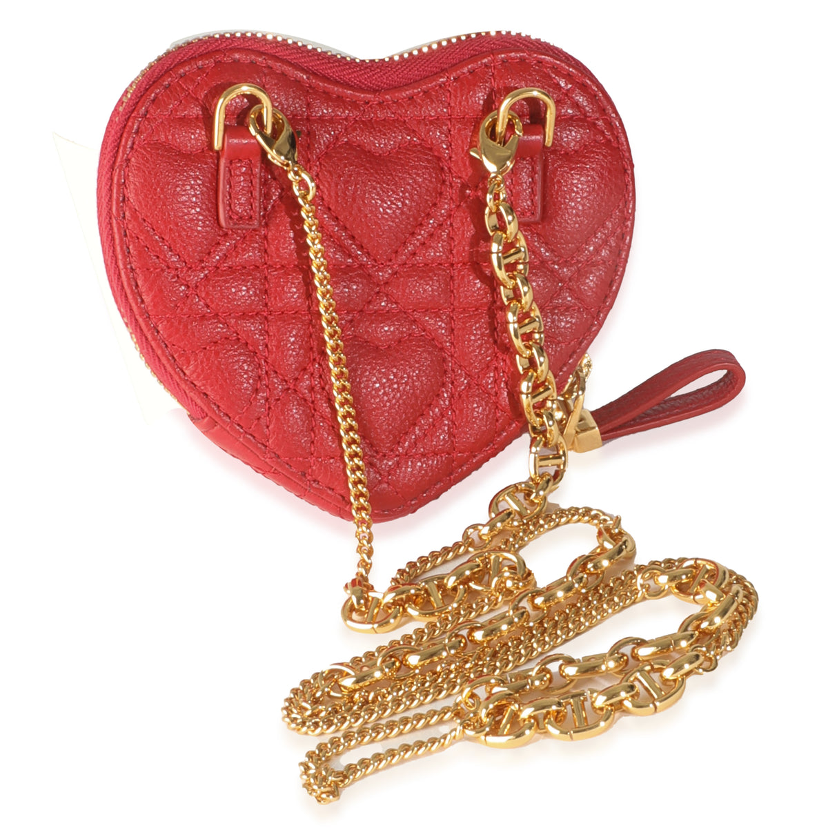 Red Quilted Calfskin Dioramour Caro Heart Pouch With Chain