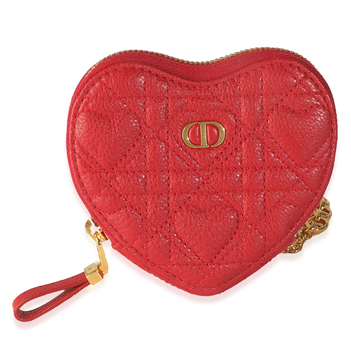 Red Quilted Calfskin Dioramour Caro Heart Pouch With Chain