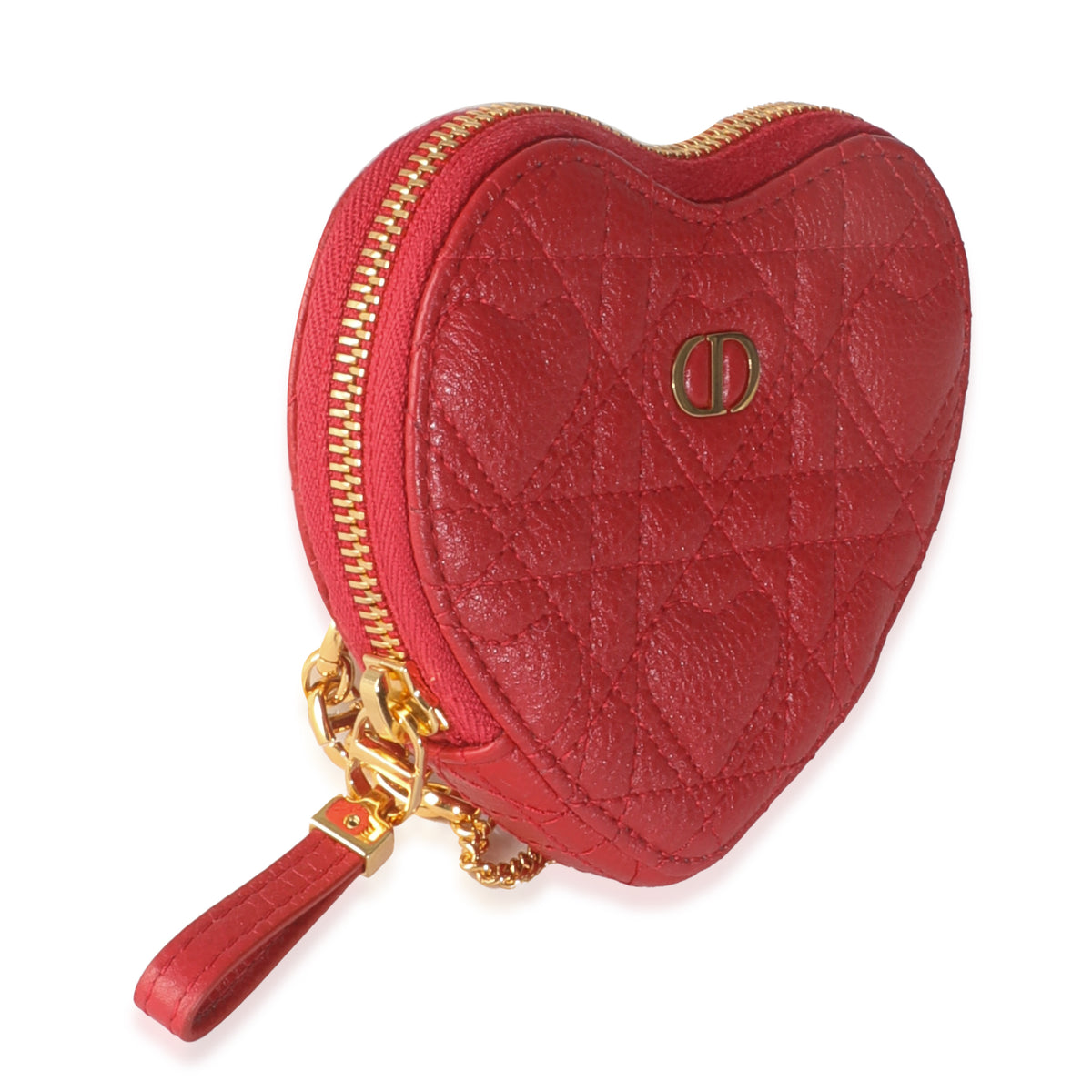 Red Quilted Calfskin Dioramour Caro Heart Pouch With Chain