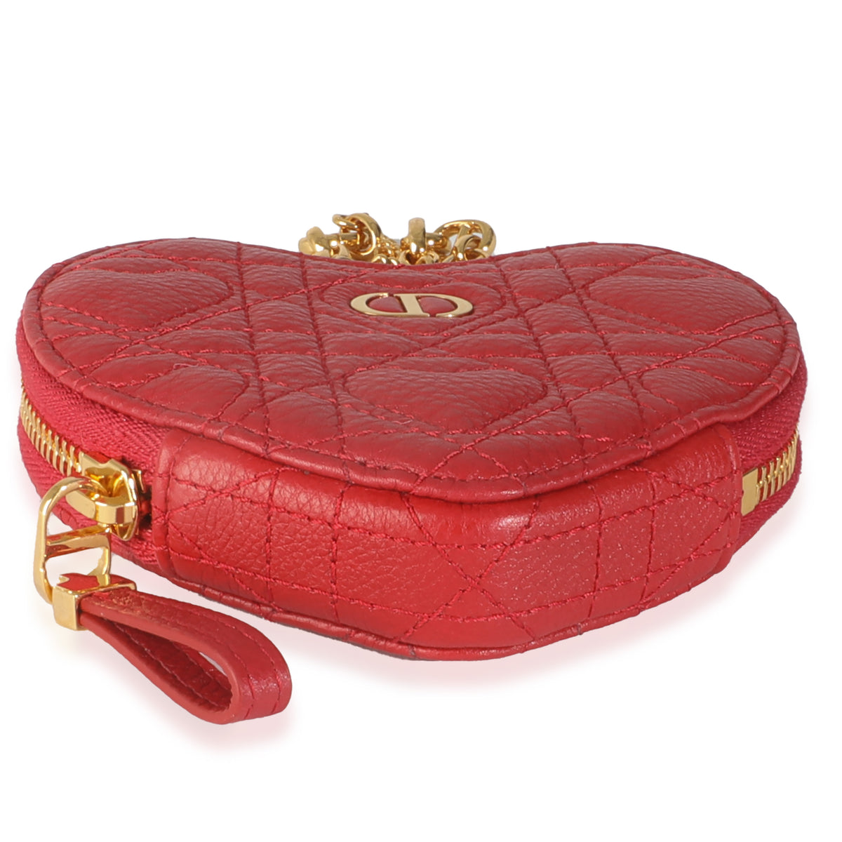 Red Quilted Calfskin Dioramour Caro Heart Pouch With Chain