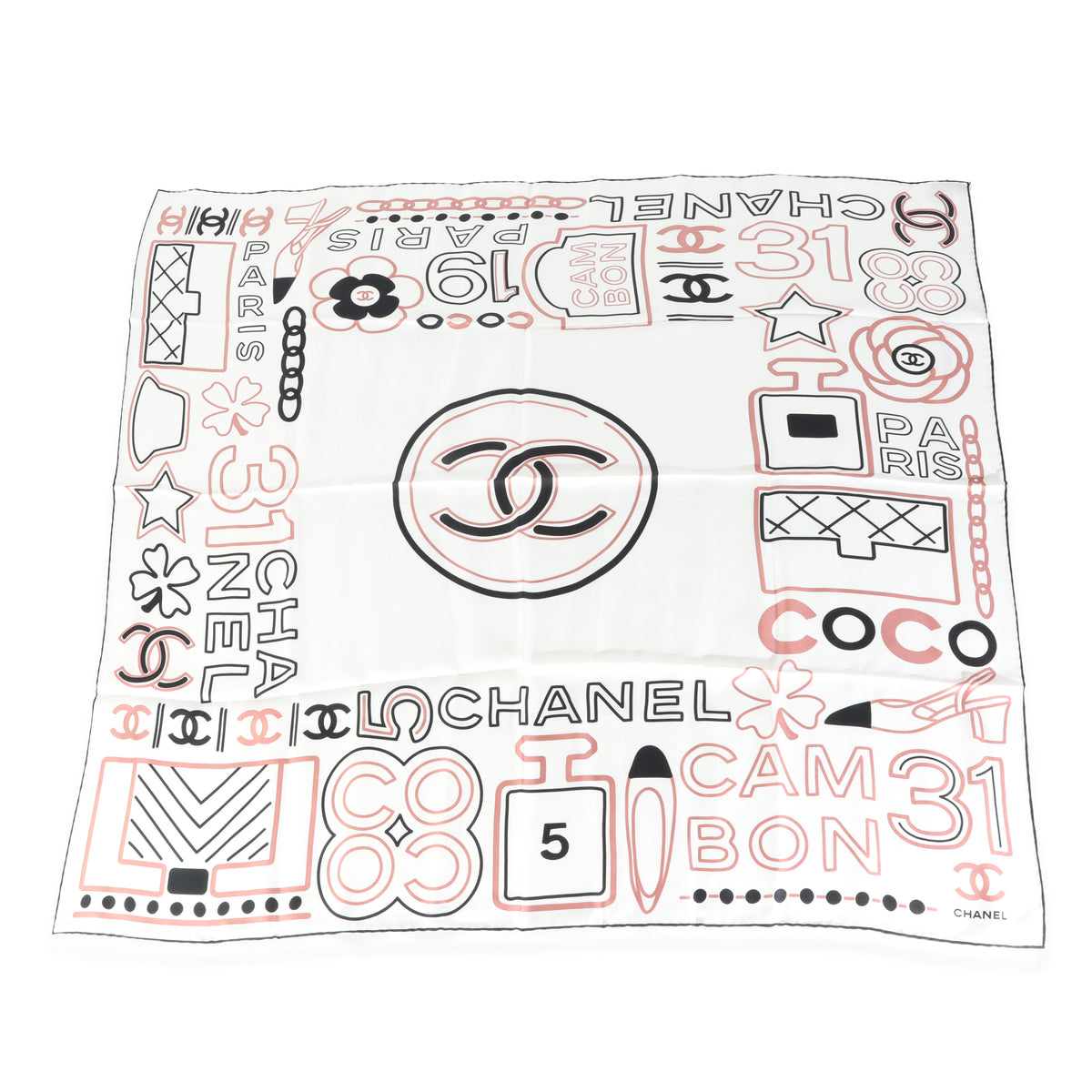 23A White Black Silk Logo Square Scarf