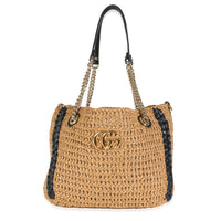 Natural Black Raffia Effect Small GG Marmont Shoulder Tote