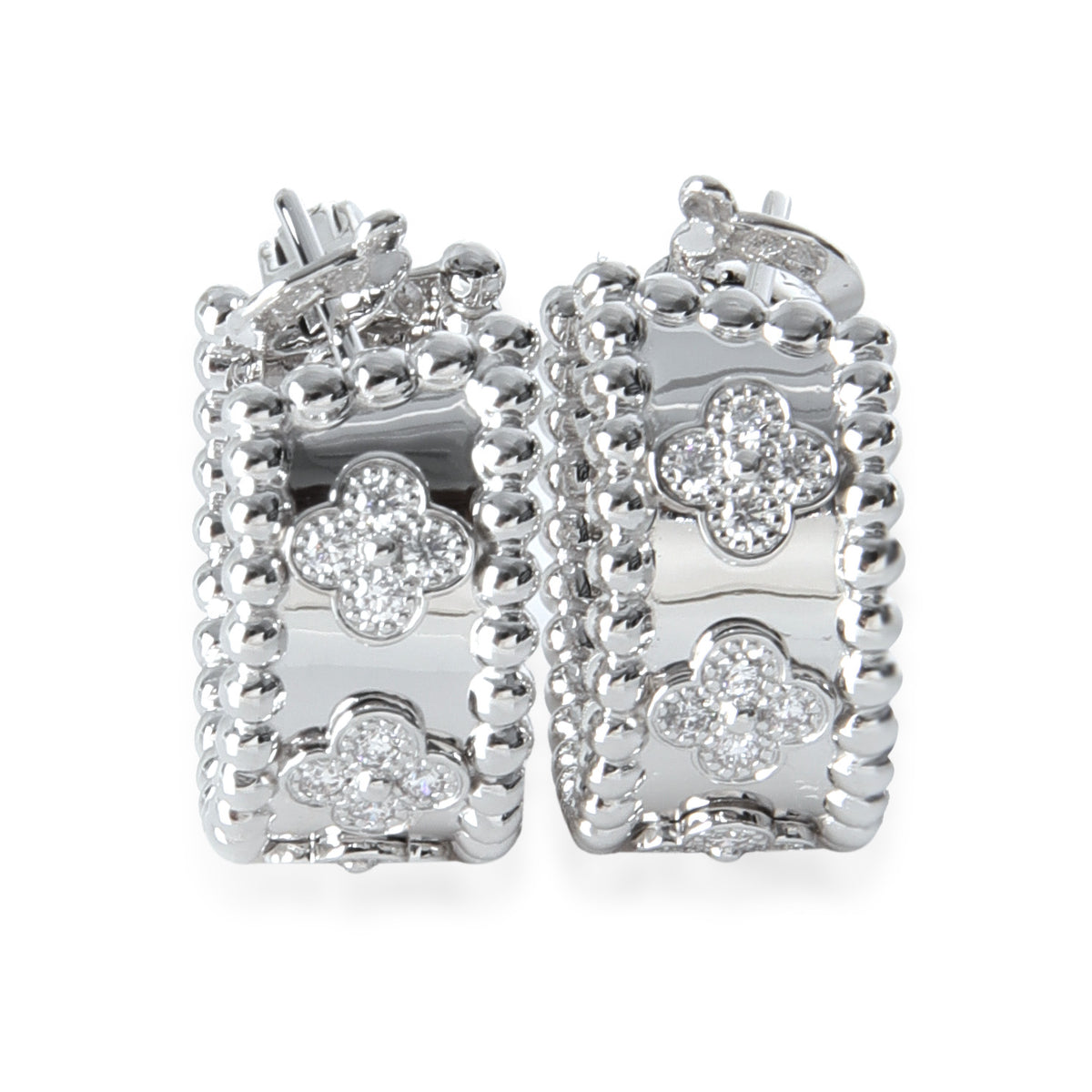 Van Cleef & Arpels White Gold Diamond Perlee Clovers Hoop Earrings fv