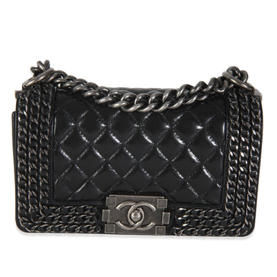 Black Quilted Glazed Calfskin Small Chained Boy Bag