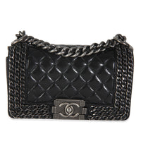 Black Quilted Glazed Calfskin Small Chained Boy Bag
