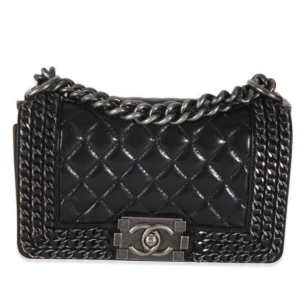 Black Quilted Glazed Calfskin Small Chained Boy Bag