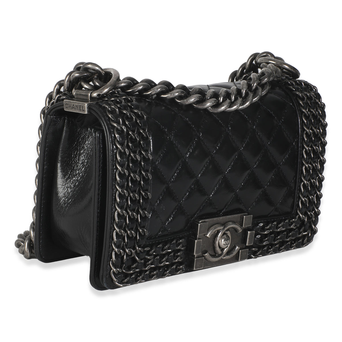 Black Quilted Glazed Calfskin Small Chained Boy Bag
