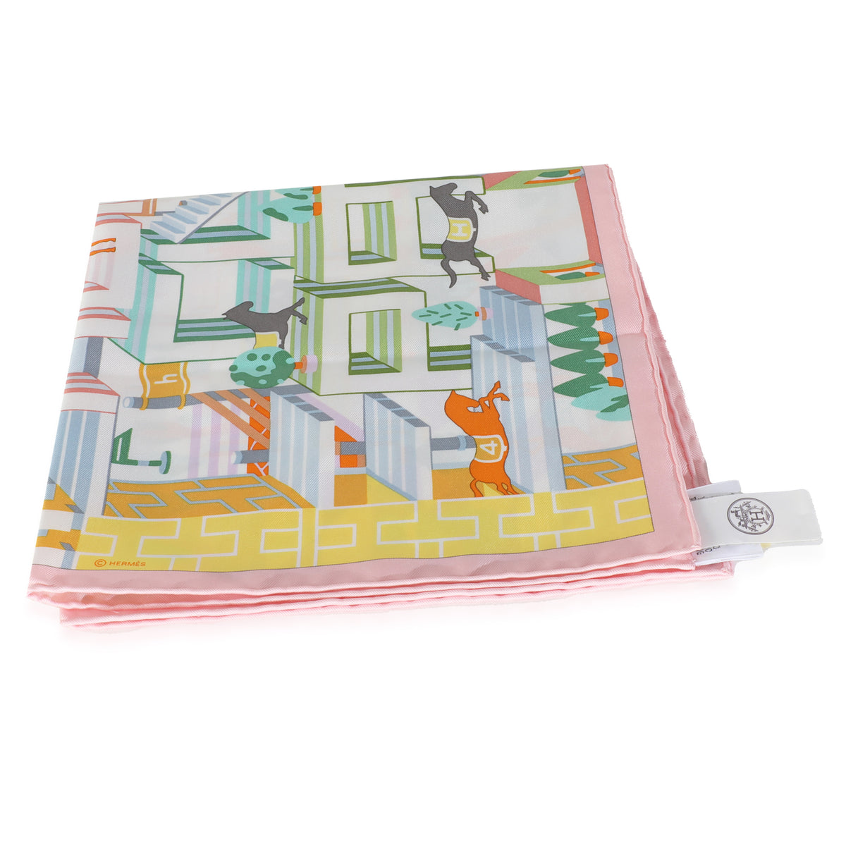 Rose Pale Vert Jaune Silk Horse Club Detail Scarf 45