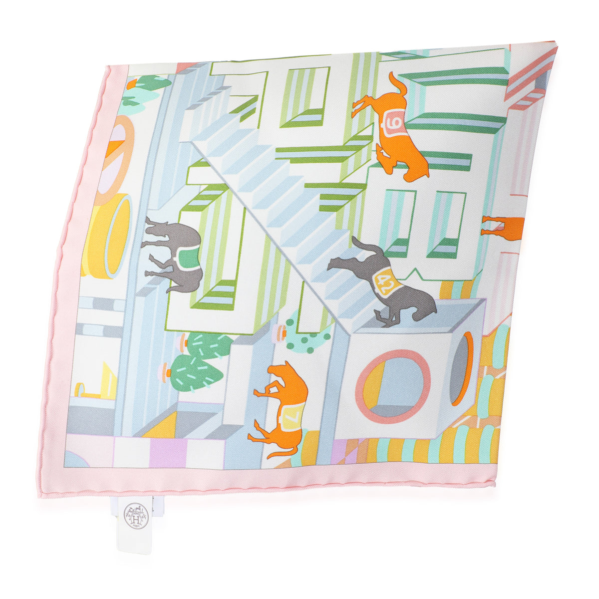 Rose Pale Vert Jaune Silk Horse Club Detail Scarf 45