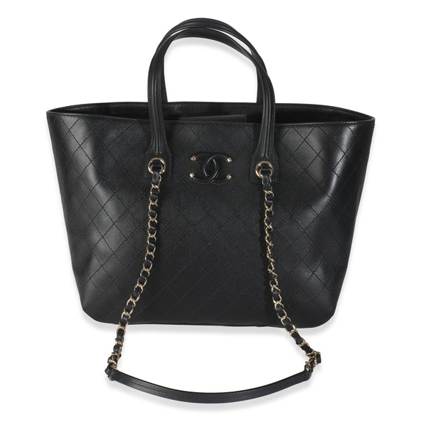 Black Quilted Calfskin Stitched Covered CC Shopping Tote