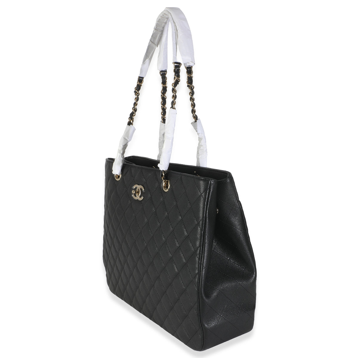 24A Black Quilted Caviar Large Classic Shopping Tote Bag