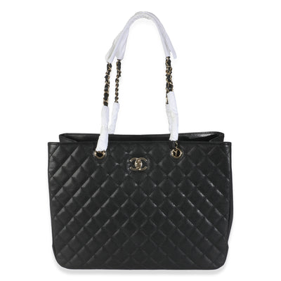 24A Black Quilted Caviar Large Classic Shopping Tote Bag