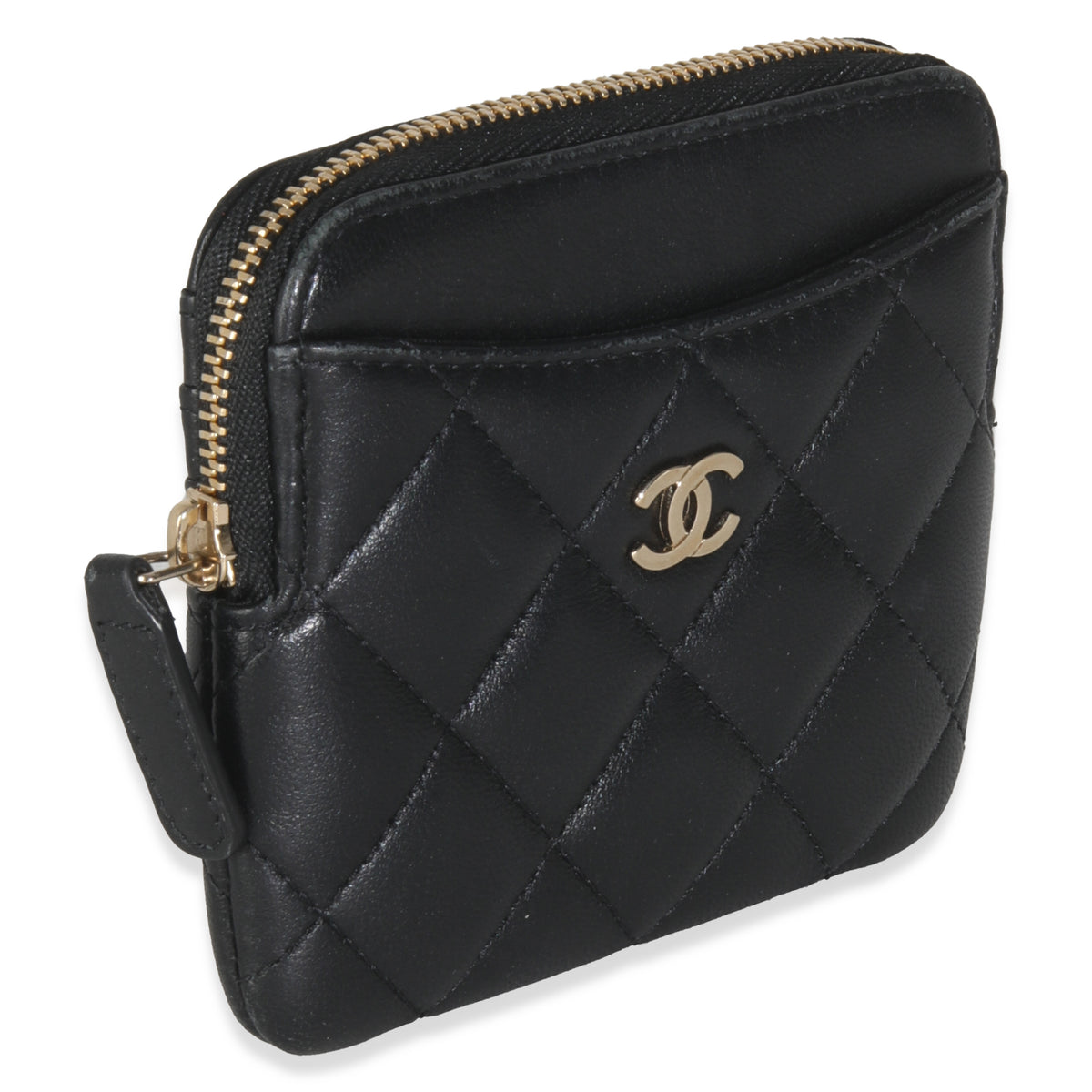 Black Quilted Lambskin Square Zip Card Holder Wallet