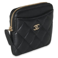 Black Quilted Lambskin Square Zip Card Holder Wallet