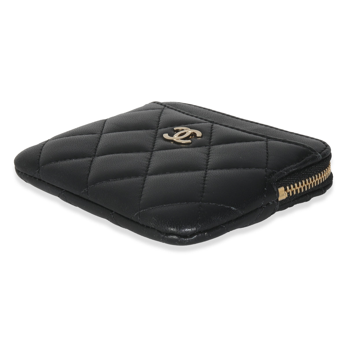 Black Quilted Lambskin Square Zip Card Holder Wallet