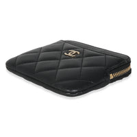 Black Quilted Lambskin Square Zip Card Holder Wallet