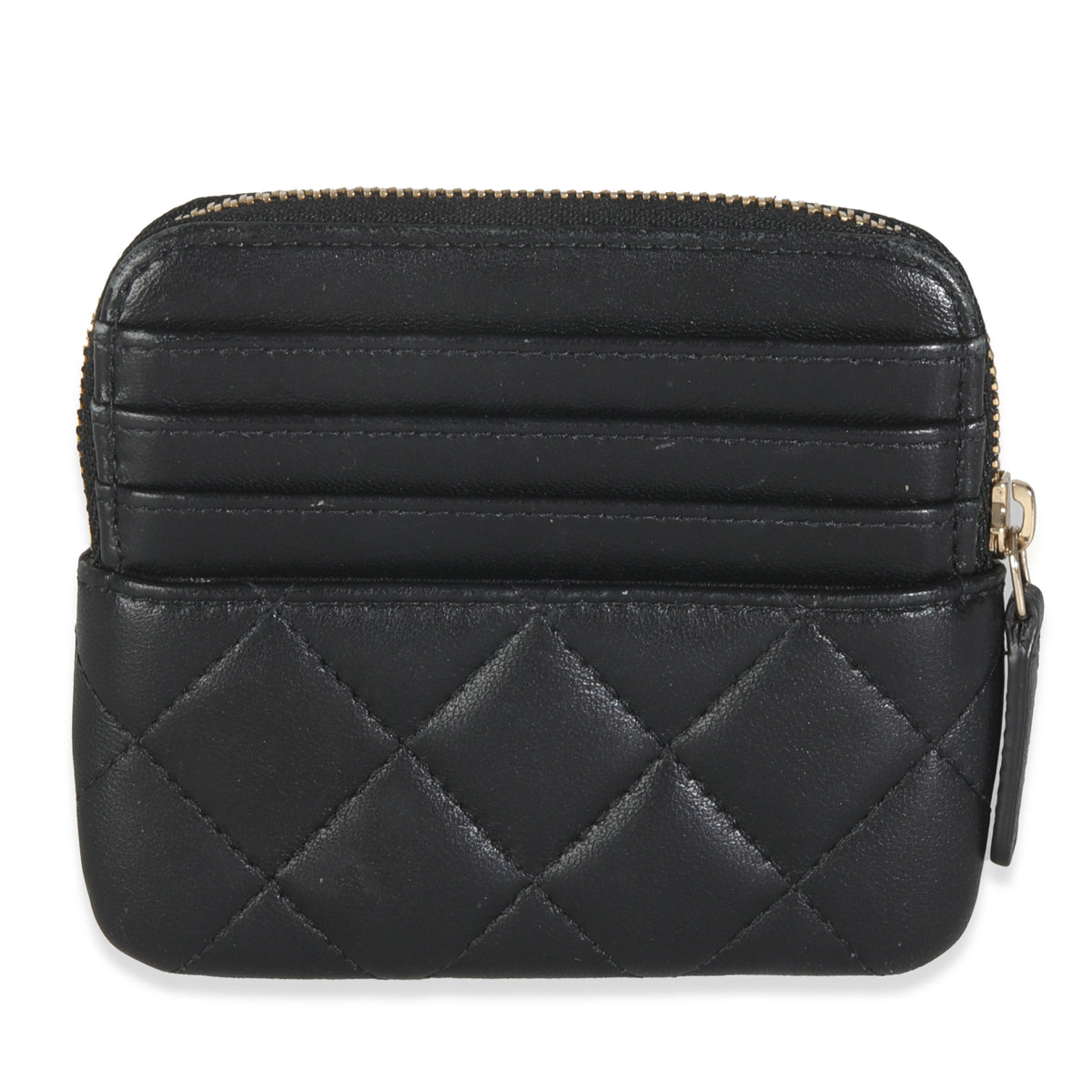 Black Quilted Lambskin Square Zip Card Holder Wallet