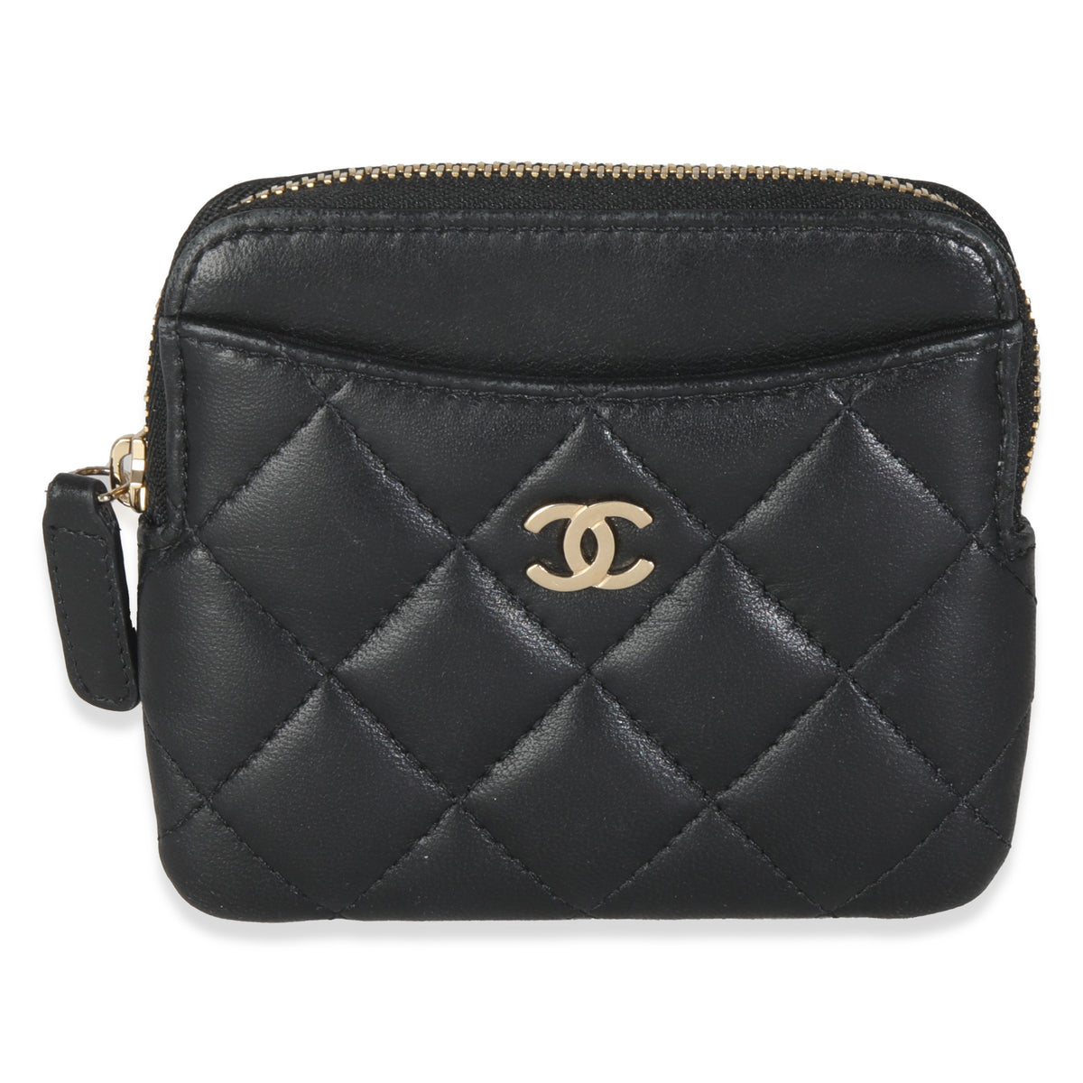 Black Quilted Lambskin Square Zip Card Holder Wallet