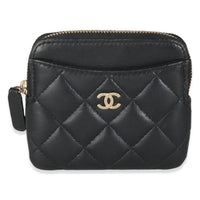 Black Quilted Lambskin Square Zip Card Holder Wallet