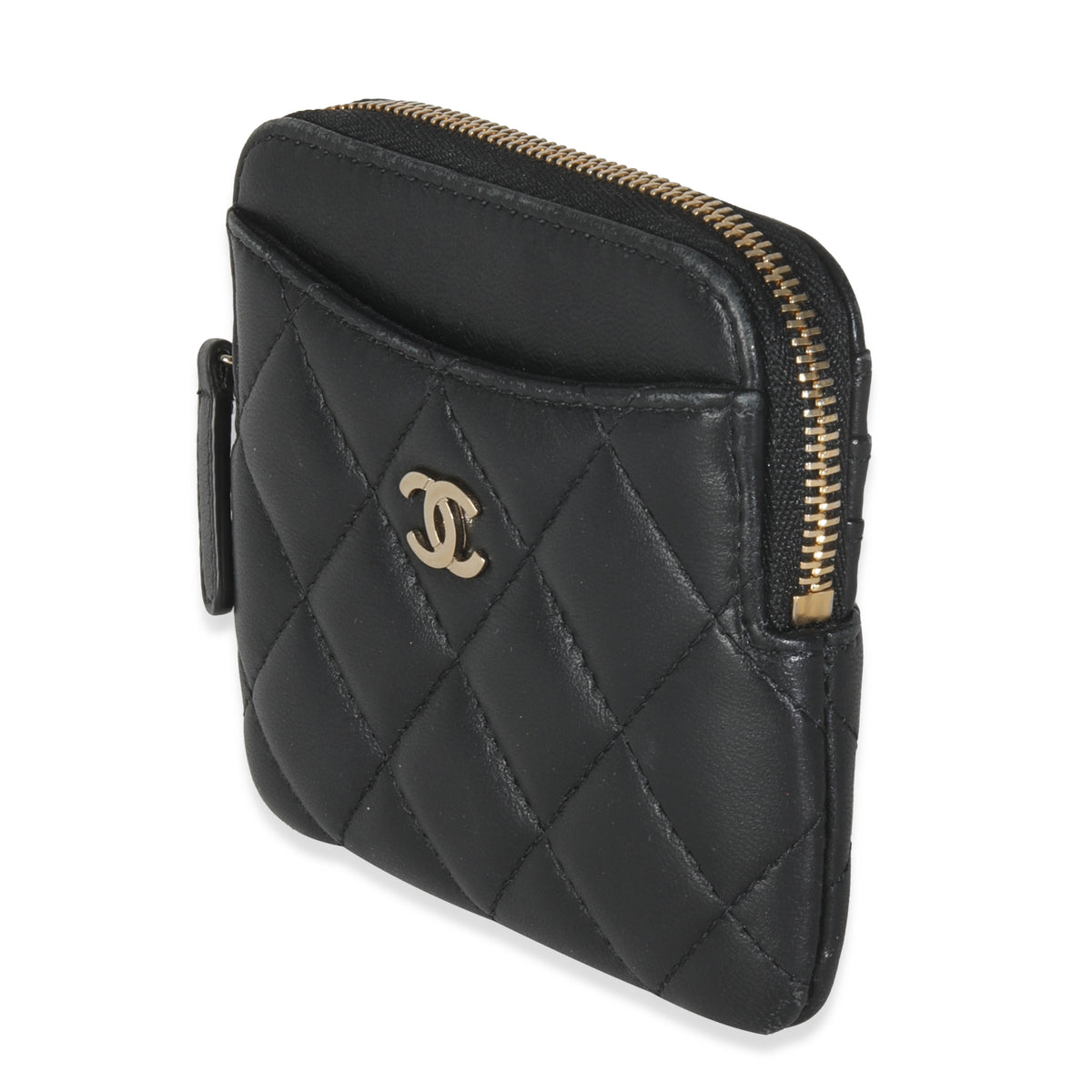 Black Quilted Lambskin Square Zip Card Holder Wallet