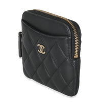 Black Quilted Lambskin Square Zip Card Holder Wallet