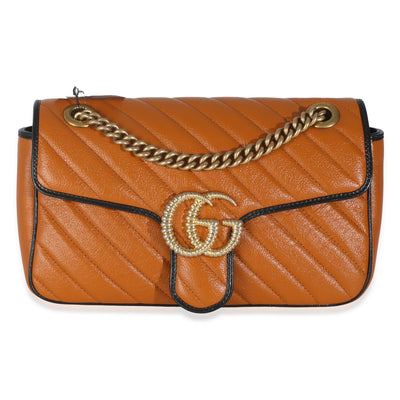 Gucci Cognac Calfskin Matelasse Diagonal Small Torchon GG Marmont Shoulder Bag Handbag fv