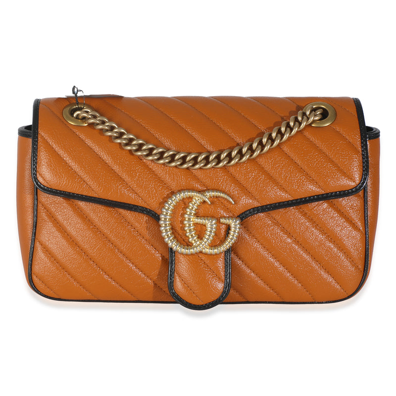 Gucci Cognac Calfskin Matelasse Diagonal Small Torchon GG Marmont Shoulder Bag Handbag fv