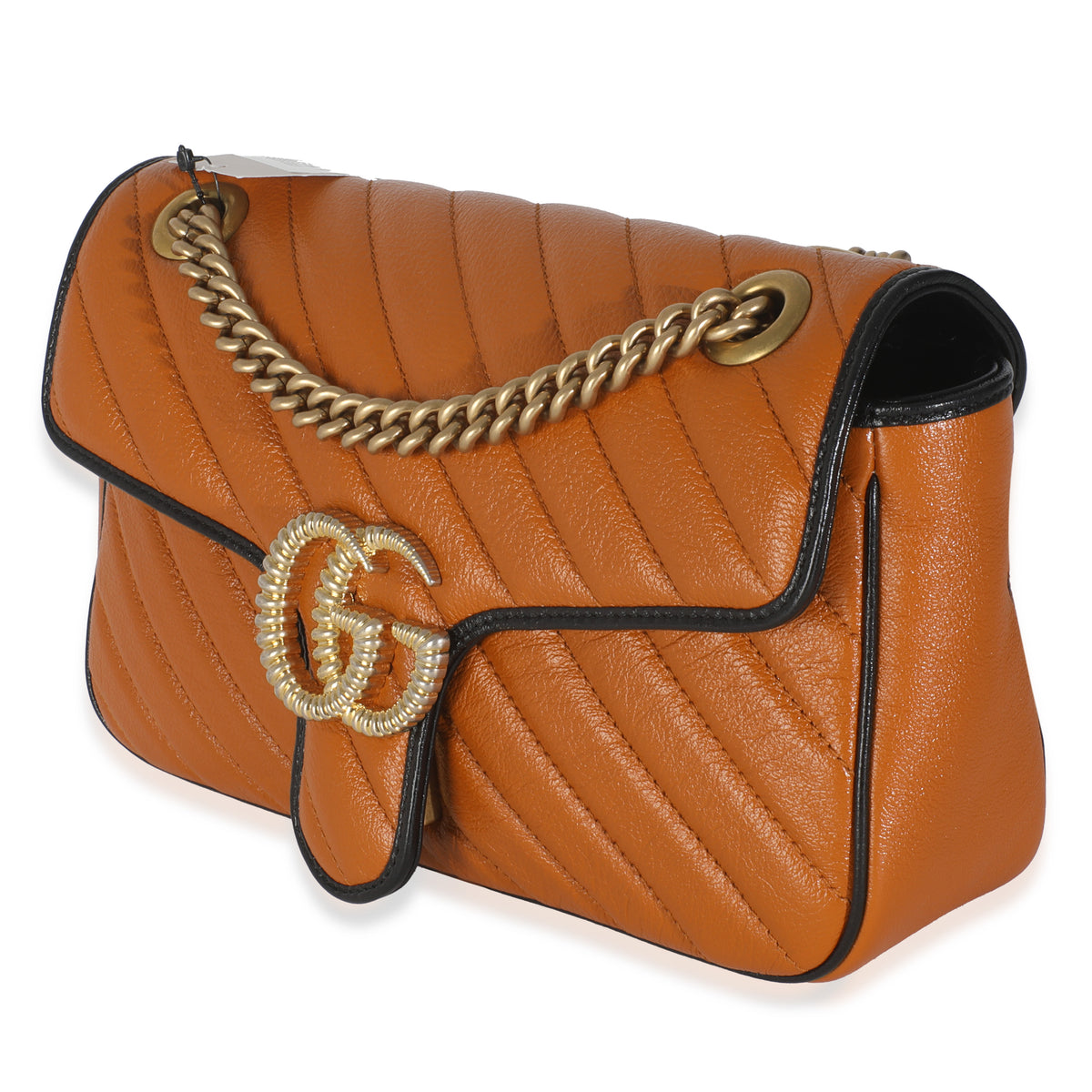 Gucci Cognac Calfskin Matelasse Diagonal Small Torchon GG Marmont Shoulder Bag Handbag sv