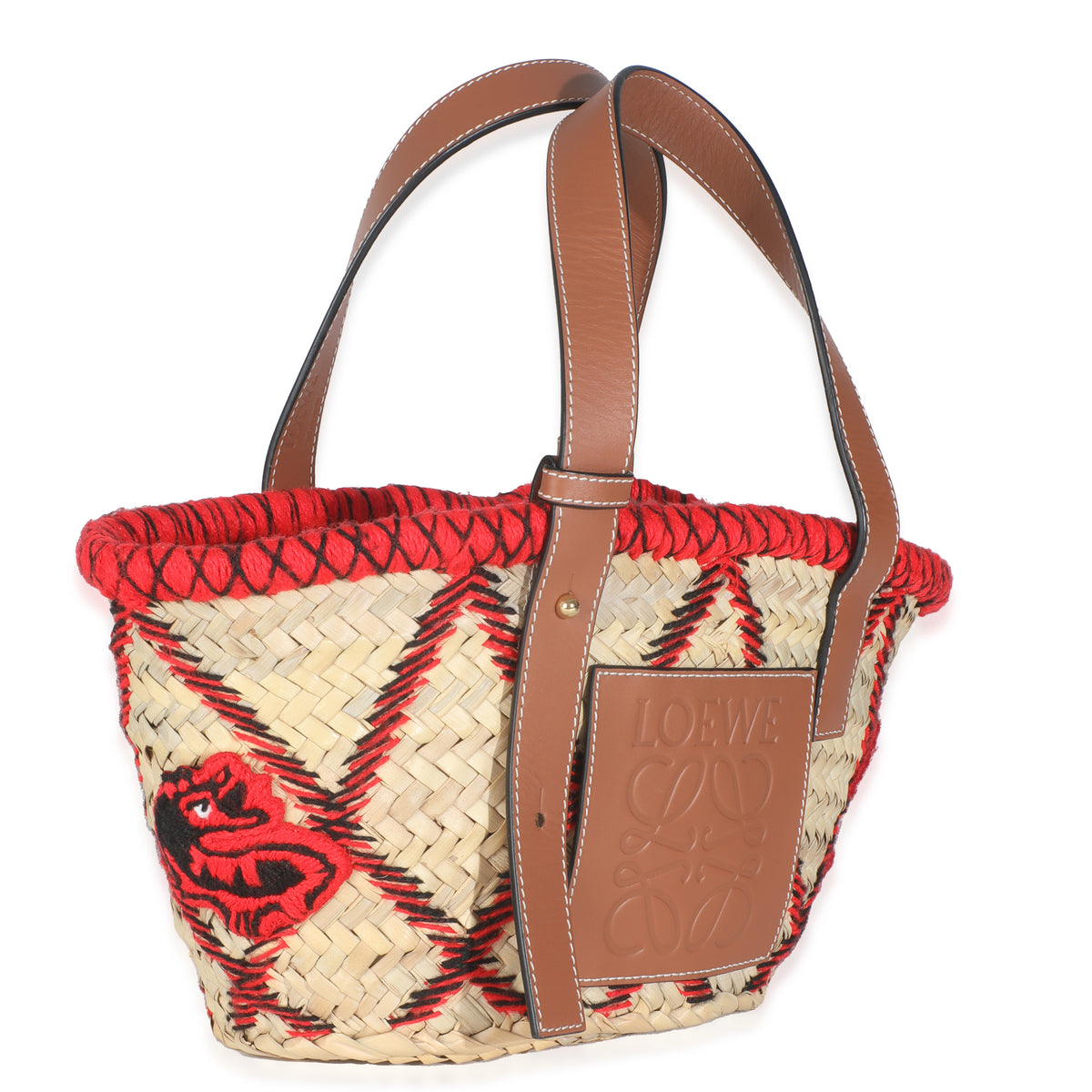 Beige Raffia Red Embroidered Small Anagram Basket