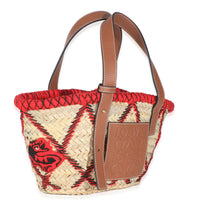 Beige Raffia Red Embroidered Small Anagram Basket