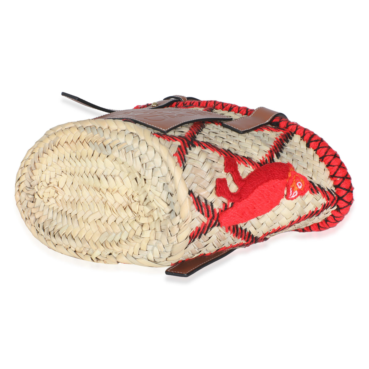 Beige Raffia Red Embroidered Small Anagram Basket