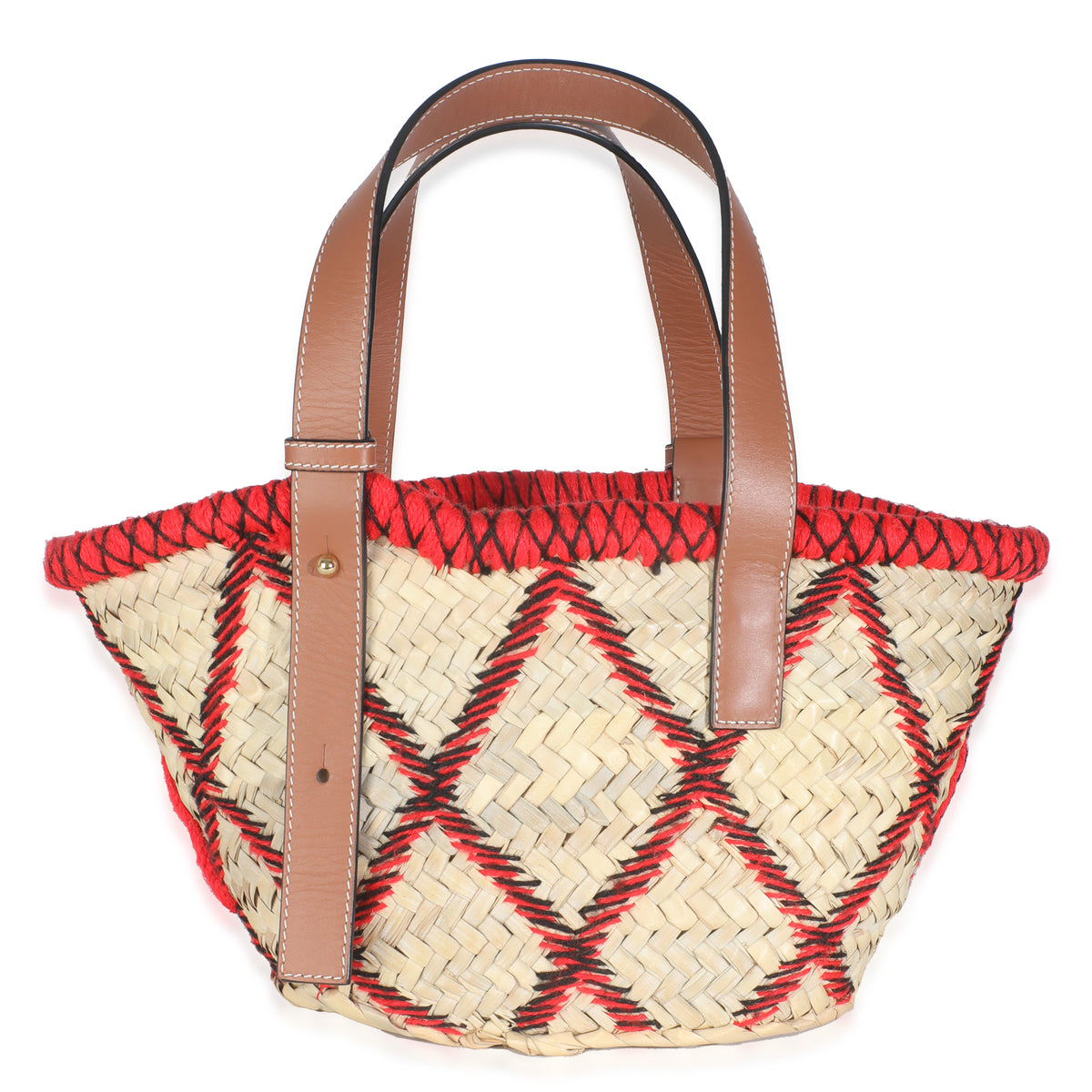 Beige Raffia Red Embroidered Small Anagram Basket