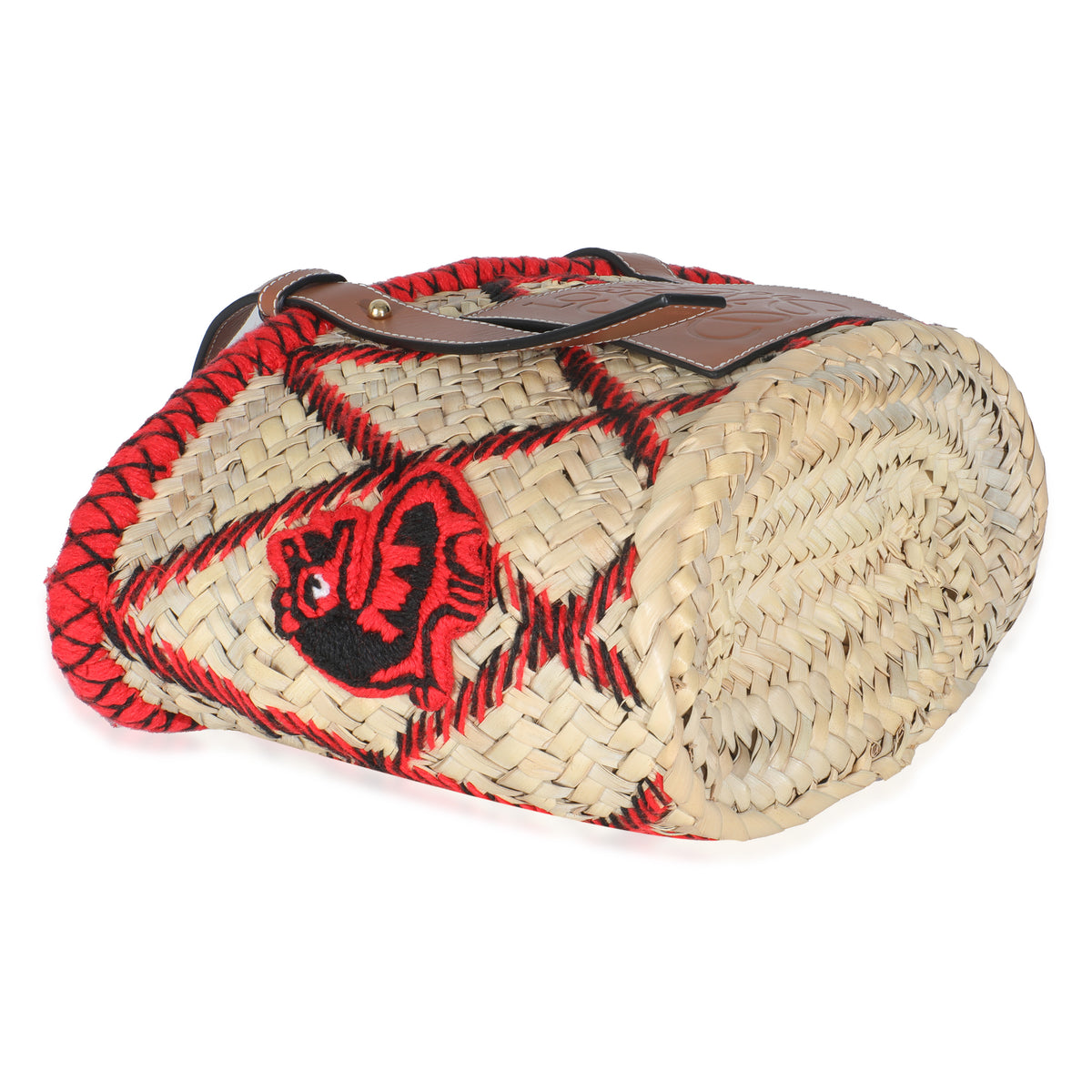 Beige Raffia Red Embroidered Small Anagram Basket