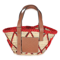 Beige Raffia Red Embroidered Small Anagram Basket